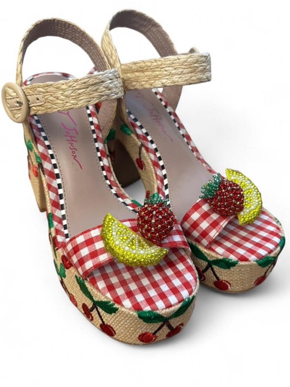 Betsey Johnson Cheyne raffia and gingham cherry fruit platform sandals
